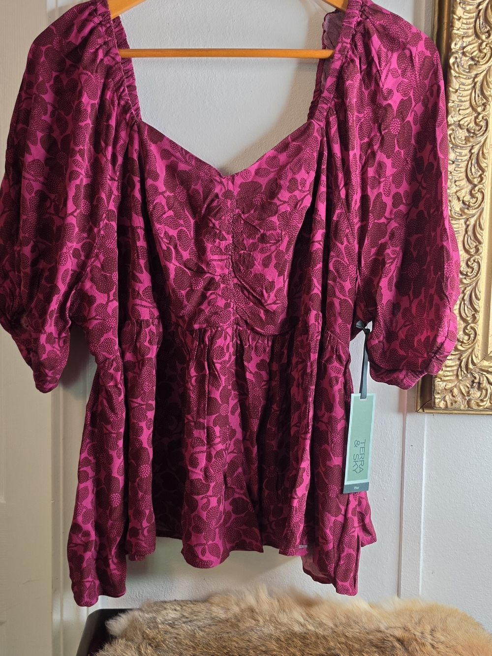 Terra & Sky Magenta Floral Peasant Blouse